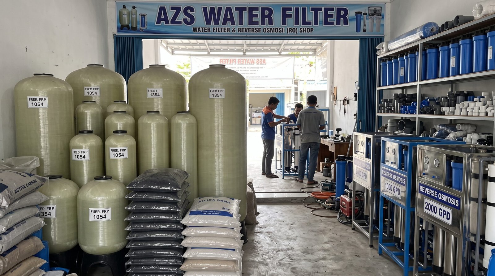 Deretan tabung filter air FRP dan stok media filter penjernih air di toko AZS Water Filter Jogja