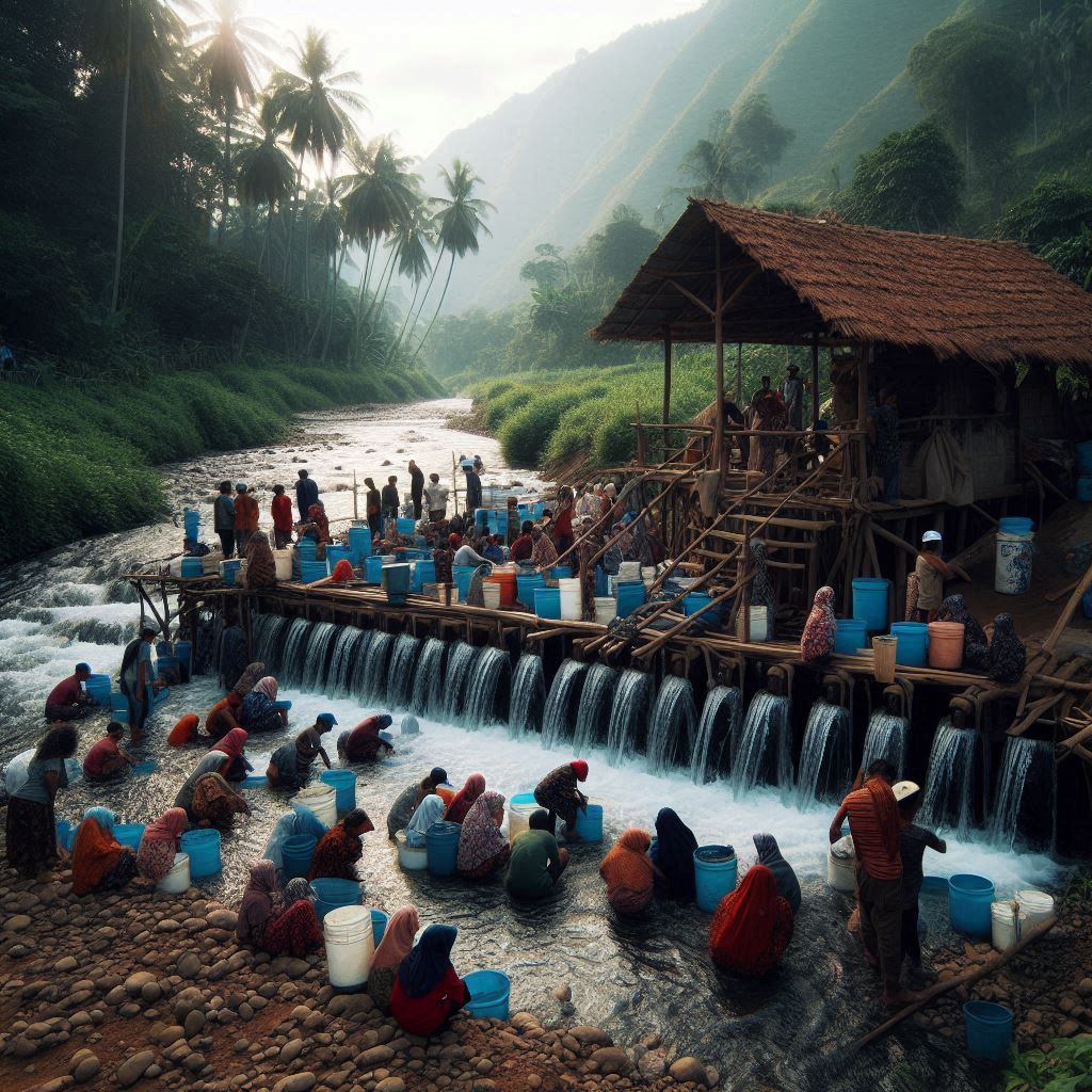 Wadah besar digunakan untuk mengendapkan partikel besar dari air sungai sebelum proses filtrasi