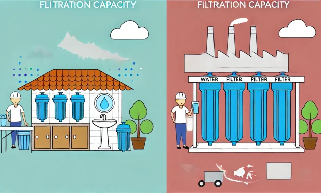 Perbedaan filter air antara rumah tangga dan industri, dengan contoh sistem filtrasi rumah dan industri.