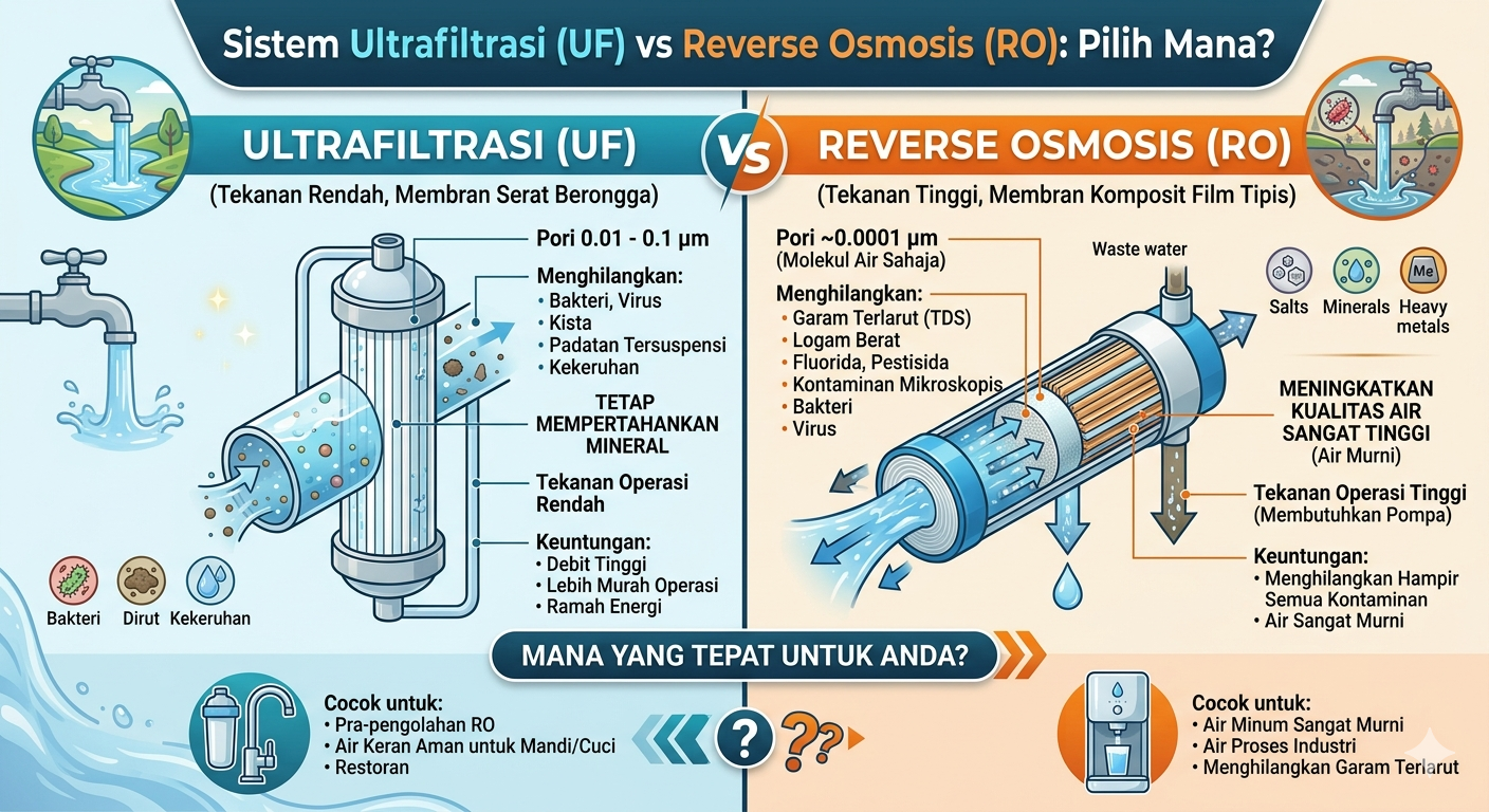 Infografis perbandingan antara sistem Ultrafiltrasi (UF) dan Reverse Osmosis (RO). Sisi kiri menampilkan UF dengan pori membran 0.01-0.1 mikron yang mempertahankan mineral dan cocok untuk air bersih rumah tangga. Sisi kanan menampilkan RO dengan pori 0.0001 mikron yang menyaring TDS dan logam berat untuk menghasilkan air minum murni.