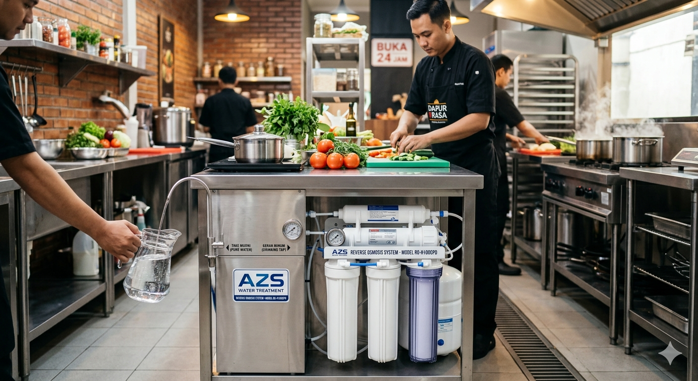 Pemasangan sistem RO restoran oleh AZS Water Treatment di dapur komersial modern untuk air minum higienis