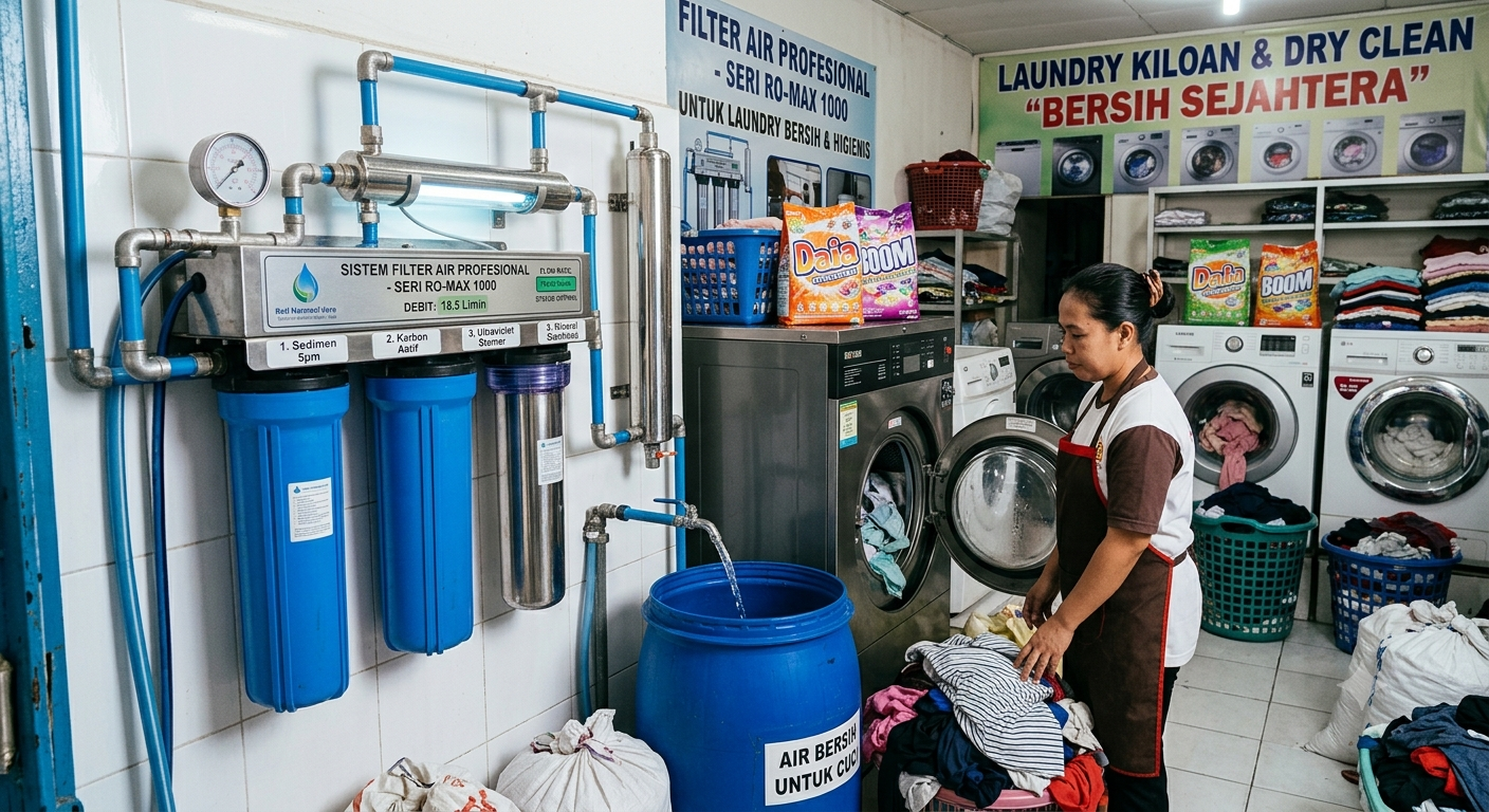 filter air untuk laundry kiloan Karena kualitas air memengaruhi hasil pencucian, efisiensi deterjen, dan umur mesin cuci.