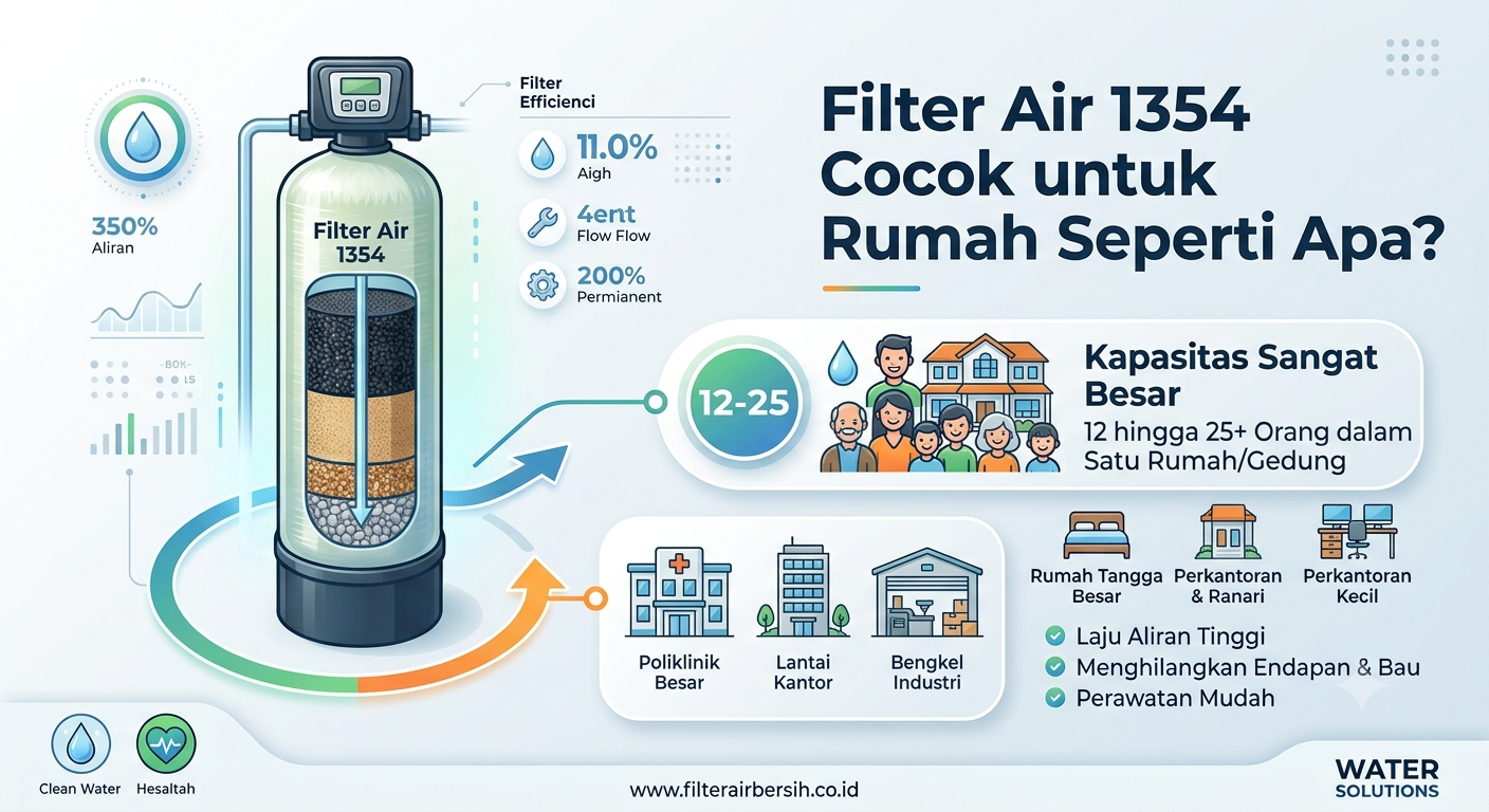 Filter air 1354 cocok untuk rumah dengan penggunaan air menengah hingga tinggi, memiliki beberapa kamar mandi, tandon besar, atau kualitas air yang memerlukan kapasitas filtrasi lebih besar agar hasil penyaringan tetap optimal.