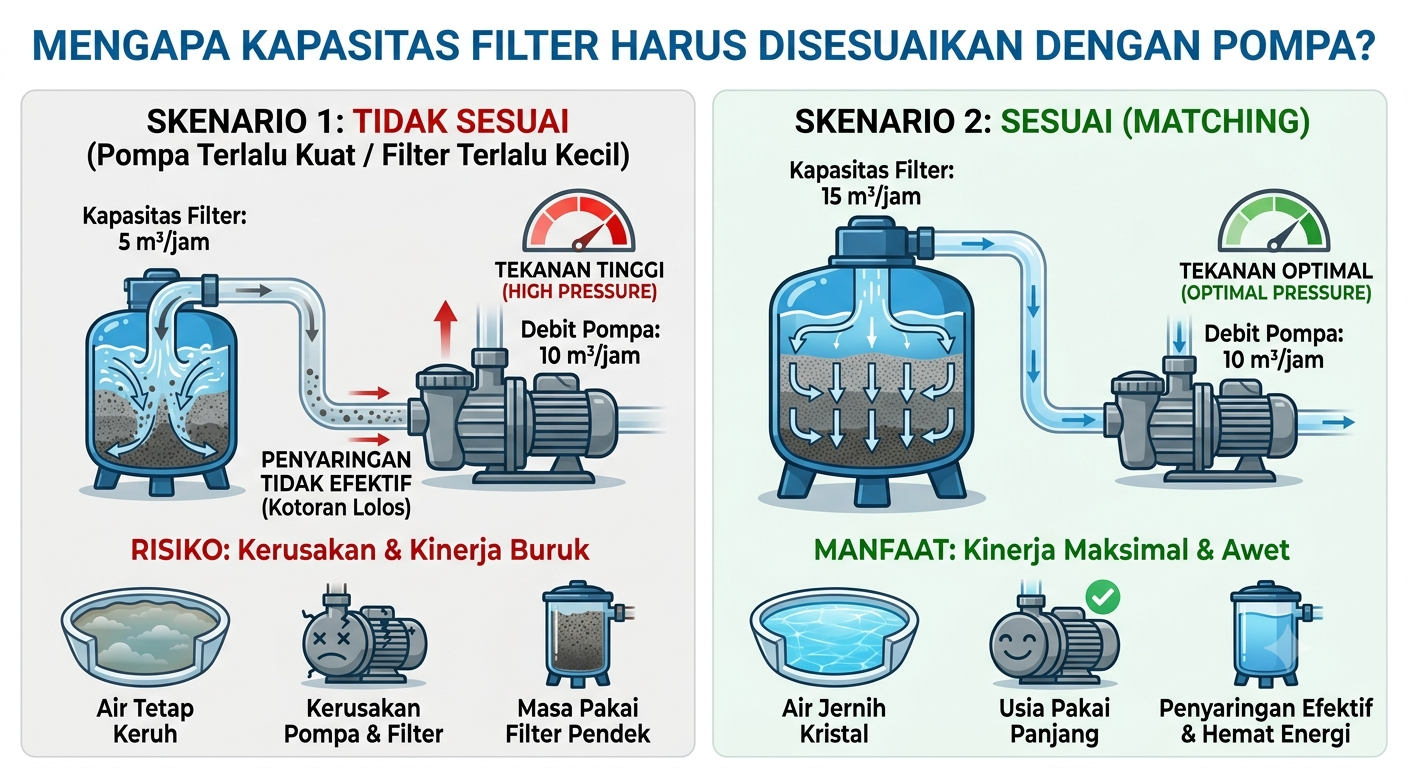 Mengapa kapasitas filter harus disesuaikan dengan pompa? Karena keseimbangan antara debit pompa dan kapasitas filter menentukan keberhasilan proses penyaringan.