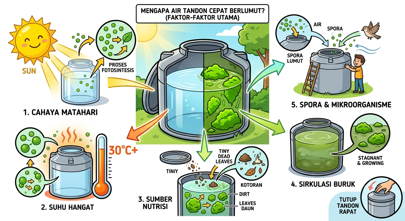 Mengapa air tandon cepat berlumut? Penyebabnya bukan hanya karena air yang digunakan, tetapi juga dipengaruhi oleh paparan sinar matahari, kebersihan tandon, kondisi penutup, serta kualitas air yang masuk ke dalamnya.