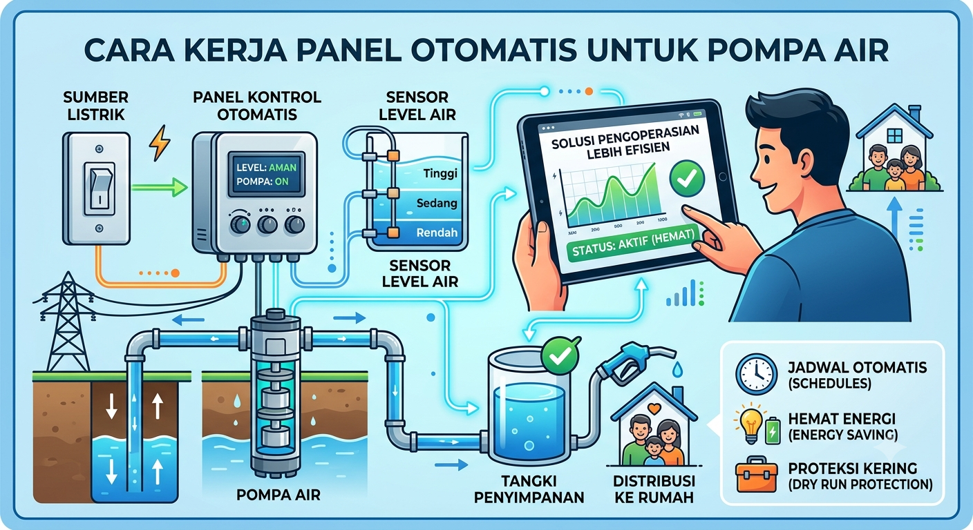Cara kerja panel otomatis untuk pompa air dimulai dari pembacaan kondisi oleh sensor, dilanjutkan dengan pengolahan sinyal di panel kontrol, kemudian panel mengaktifkan atau menghentikan pompa sesuai kebutuhan.