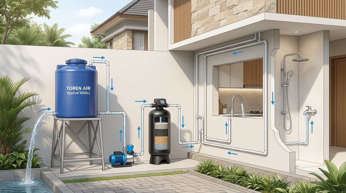 Ilustrasi instalasi filter air dan toren pada sistem air rumah