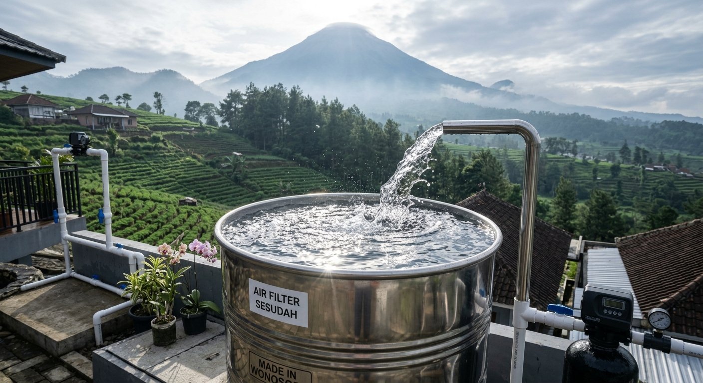 Hasil penyaringan jasa pasang filter air Wonosobo mengalirkan air jernih ke tandon penampungan