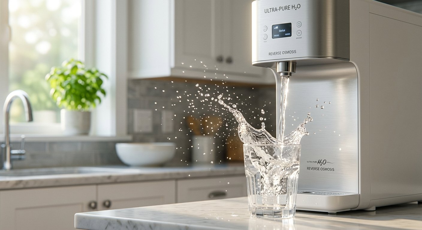 Mesin filter air Reverse Osmosis (RO) modern berwarna putih silver sedang menuangkan air bening dan murni ke dalam gelas, merepresentasikan keamanan dan kesehatan air minum keluarga di dapur bersih.