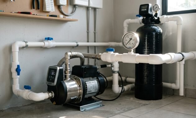Pemasangan pompa pendorong booster pump untuk mengatasi debit air filter pelan