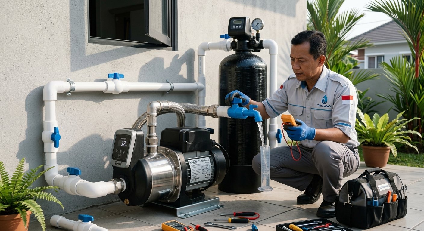 Teknisi mengecek penyebab debit air filter kecil pada tabung FRP rumah tangga