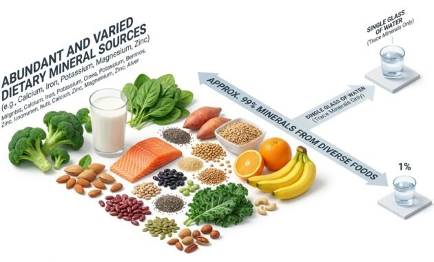 Ilustrasi 3D perbandingan sumber mineral tubuh manusia dimana 99% didapat dari makanan sehat seperti sayur hijau, susu, dan kacang-kacangan, sementara hanya 1% didapat dari air minum.