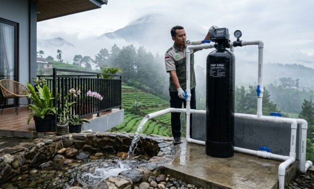 Teknisi jasa pasang filter air Wonosobo sedang memeriksa unit tabung FRP di rumah pelanggan